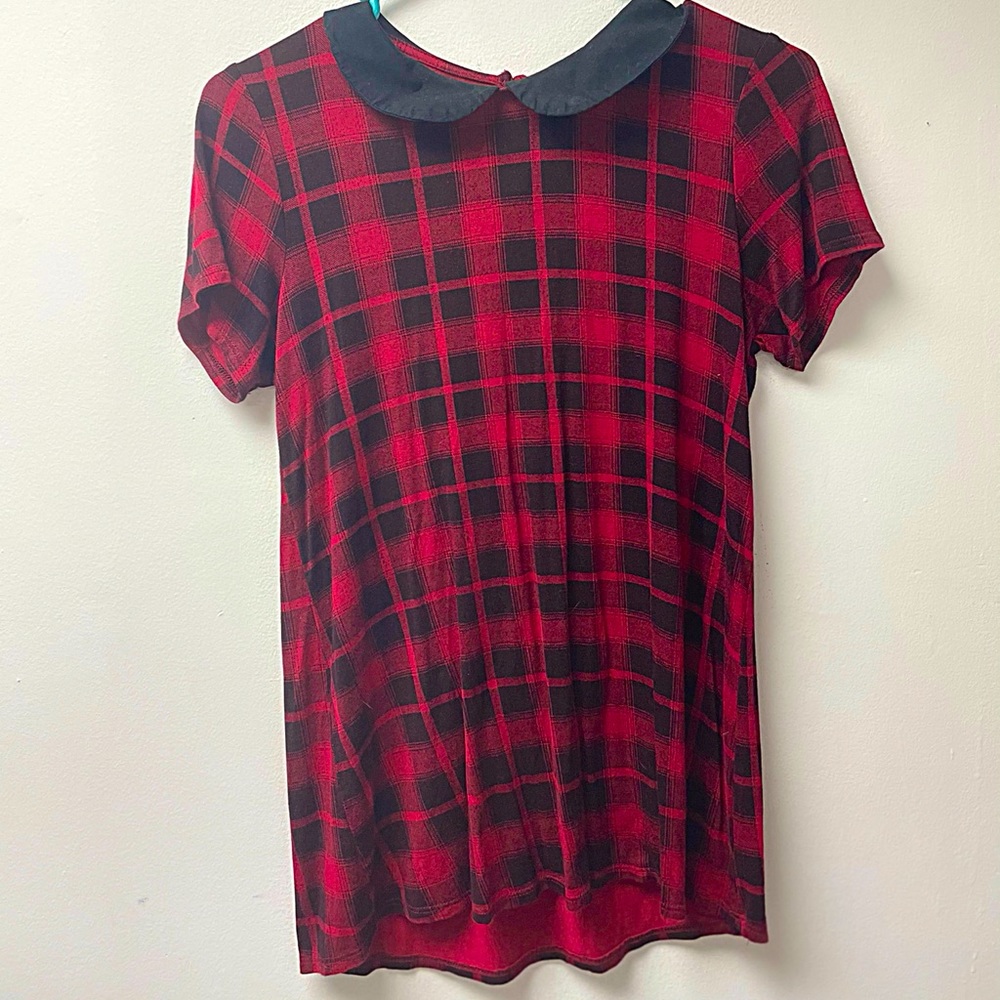 Hot Topic Red & Black Plaid Collard Long Tee